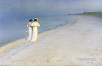 Peder Severin Kroyer Painting - Summer Evening on Skagen Southern Beach with Anna Ancher and Marie Kroyer Peder Severin Kroyer